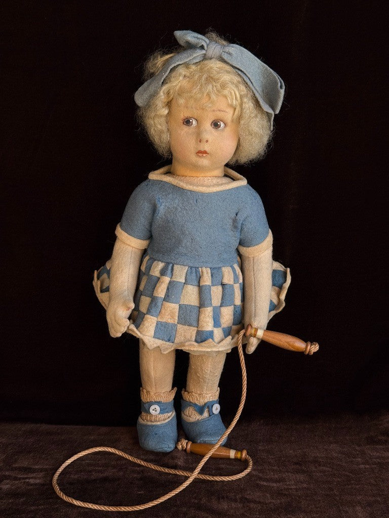 Vintage Italian 12” Lenci 111 Felt Cloth Character Girl Doll with Jump Rope