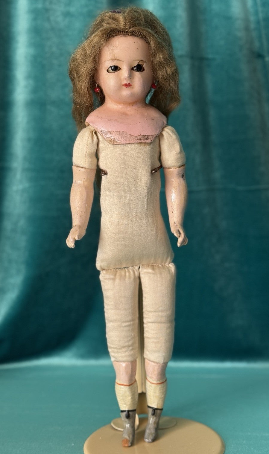 Antique German Wax Paper Mache 13” Doll with Glass Sleepy Eyes