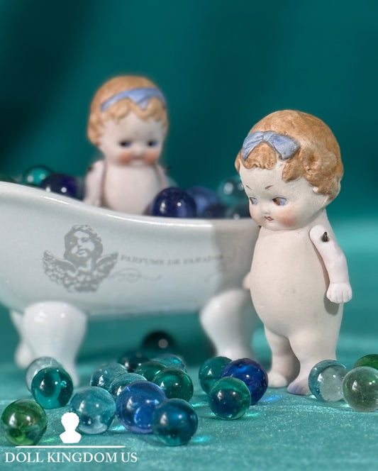 Lot Of 2 Antique German Hertwig All Bisque Molded Bow Girl Dolls