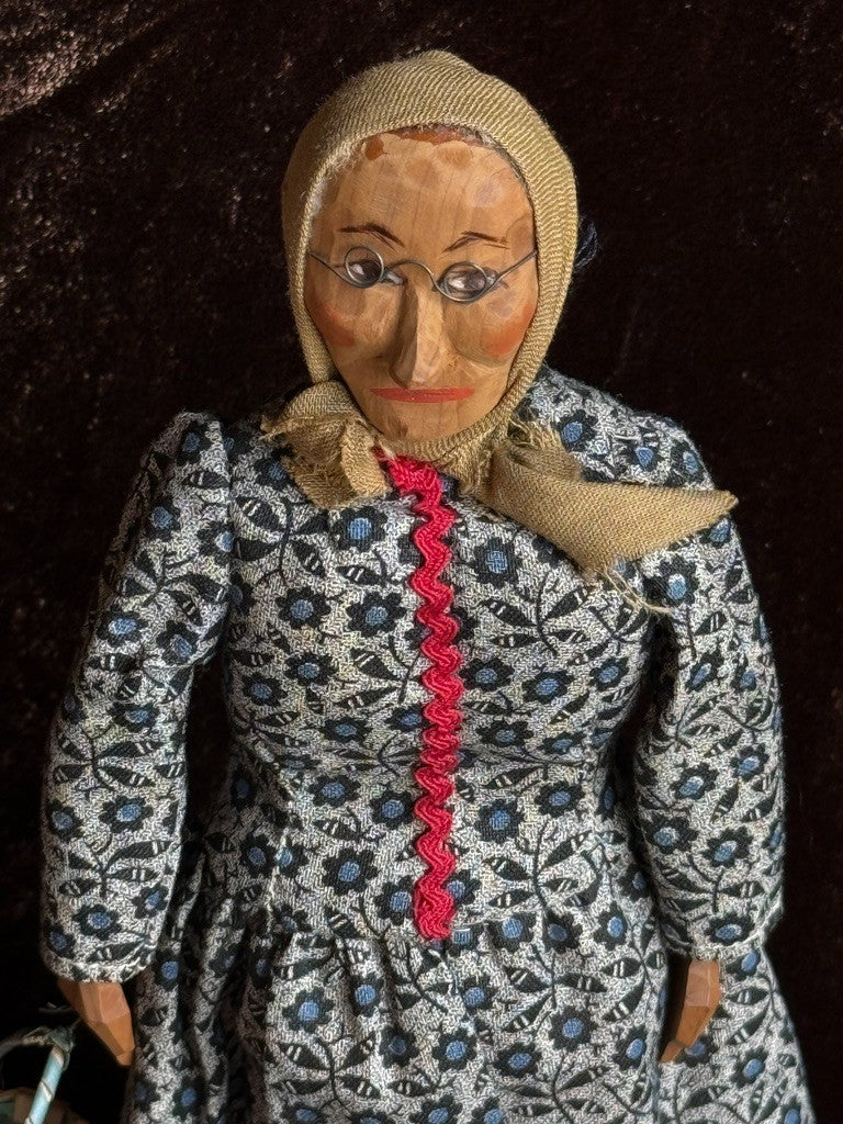 Vintage American 8.5" Stamped Hand Carved Wooden Folk Art Doll