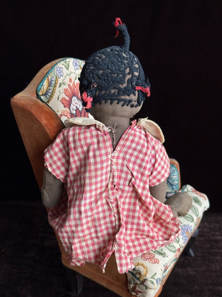 Antique/Vintage African American 12" Primitive Folk Art Cloth Rug Portrait Doll