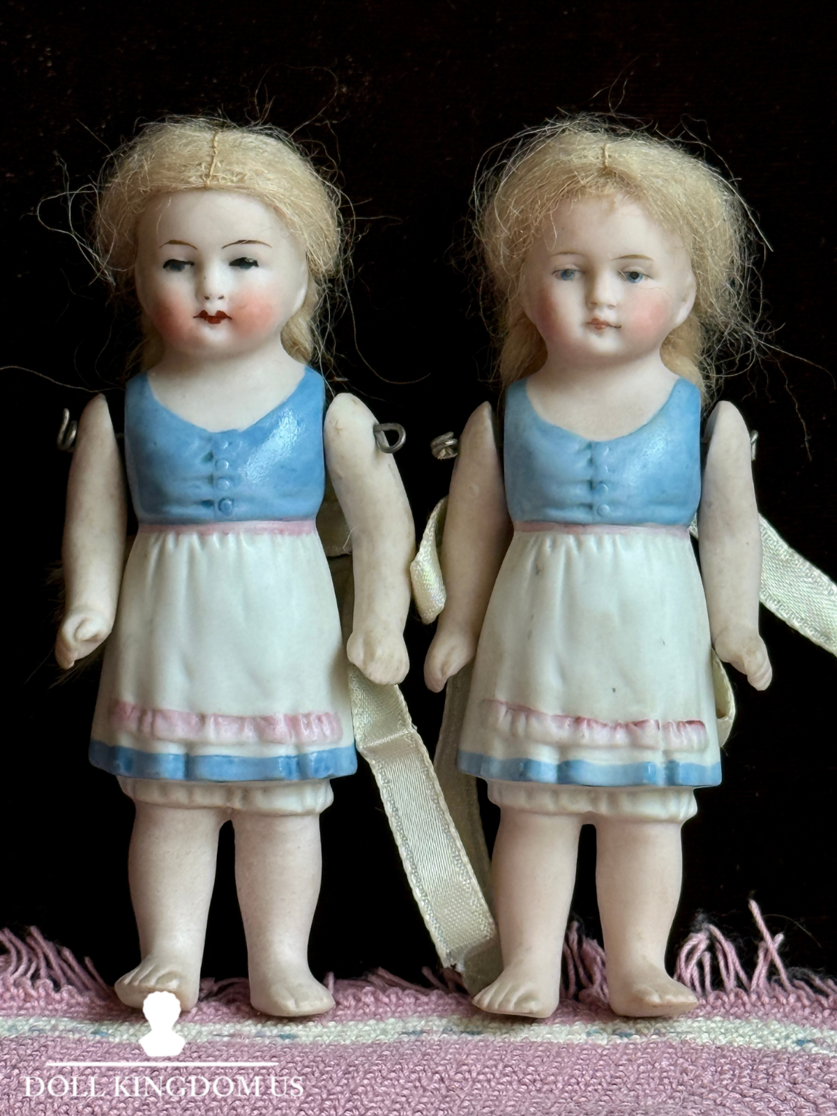 Lot of 2 Antique German 4" All Bisque Miniature Dollhouse Dolls Molded Dresses