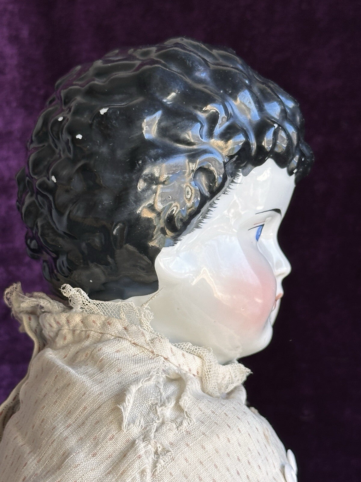 Large Antique German 26” Exposed Ears Curly Hair China Shoulder Head Doll