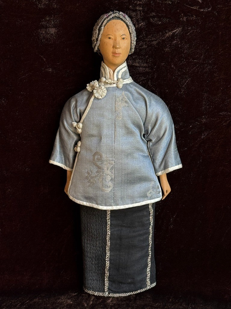 Antique Chinese 12" Door of Hope Mission Carved Wood Cloth Female Doll