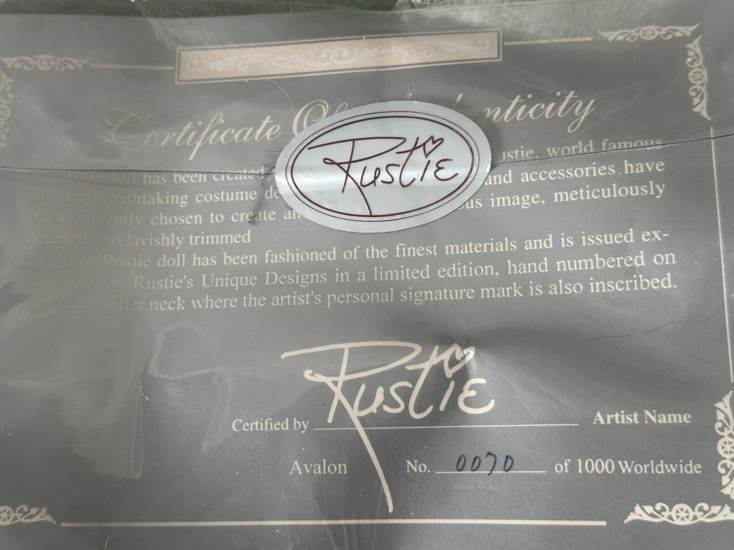 Collectible Large 42” Porcelain Doll “Avalon” by Rustie LE 1000 COA/Stand