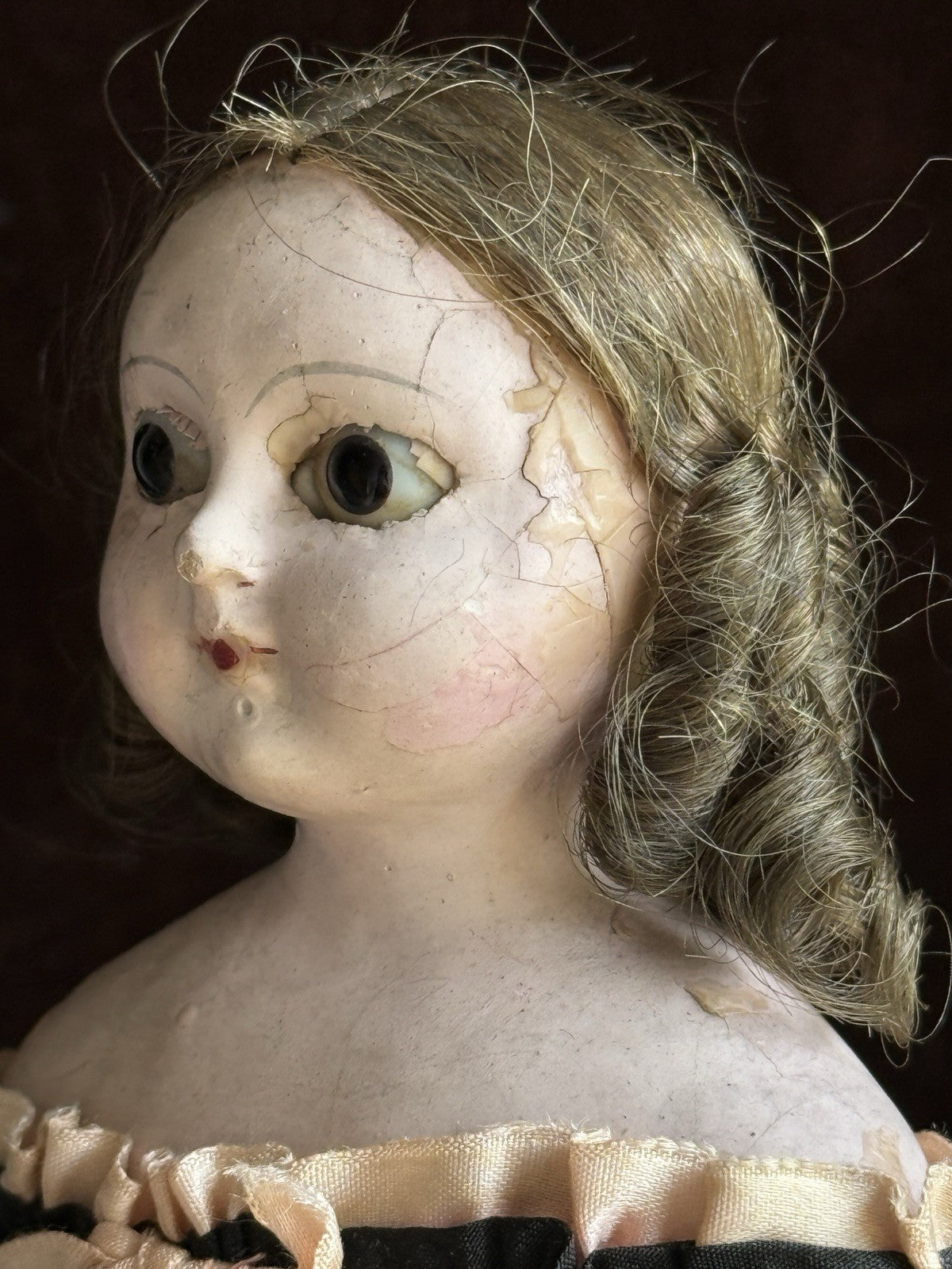 Antique German 14” Wax Over Papier Mache Doll