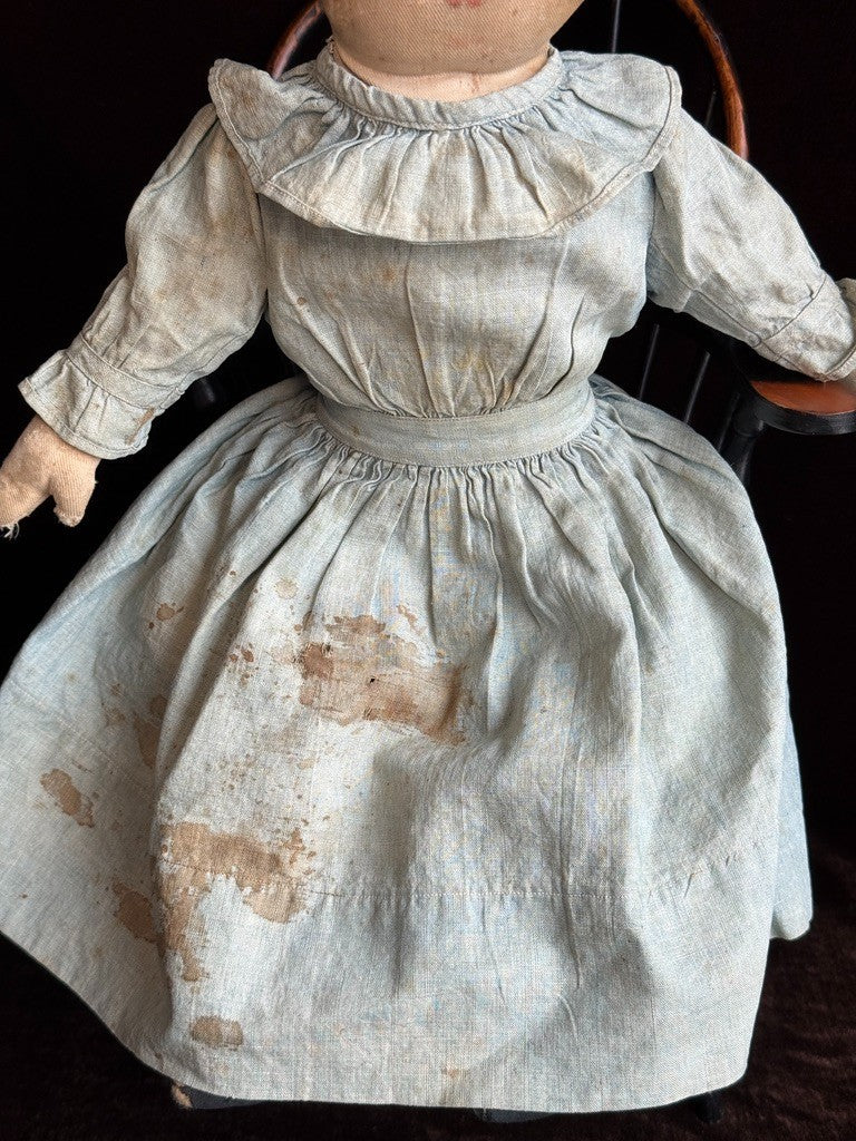 Antique American Moravian Style 16" Primitive Folk Art Cloth Rug Portrait Doll