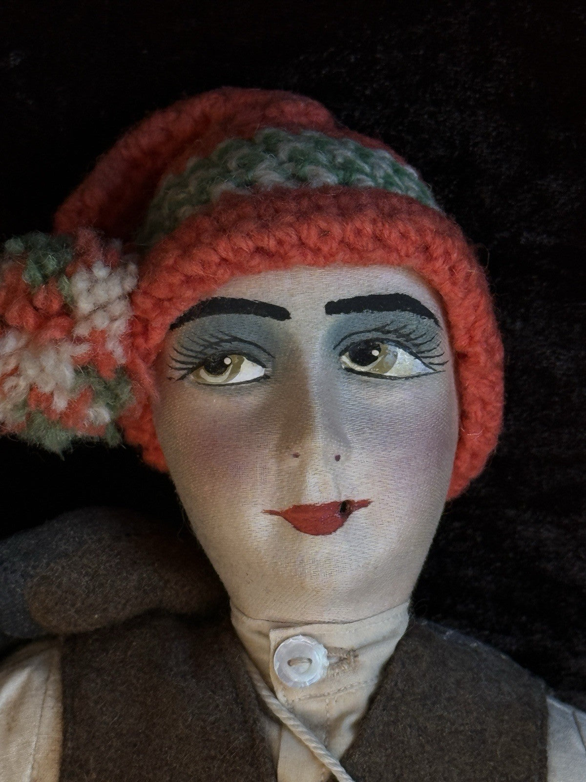 Vintage Art Deco 14” French Boudoir Style Cloth Face Mask Smoker Character Doll