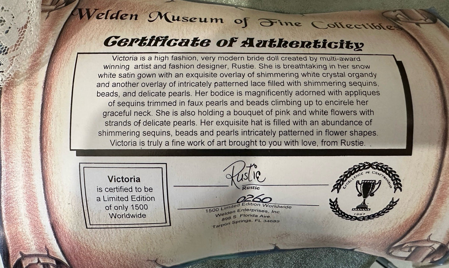 Collectible Large 42” Porcelain Doll “Victoria ” by Rustie LE 1500 COA/Stand