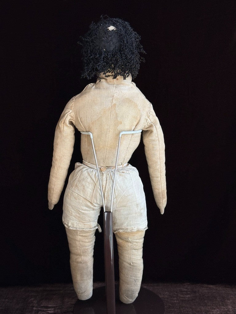 Antique American 21" Primitive Folk Art Cloth Rug Portrait Doll