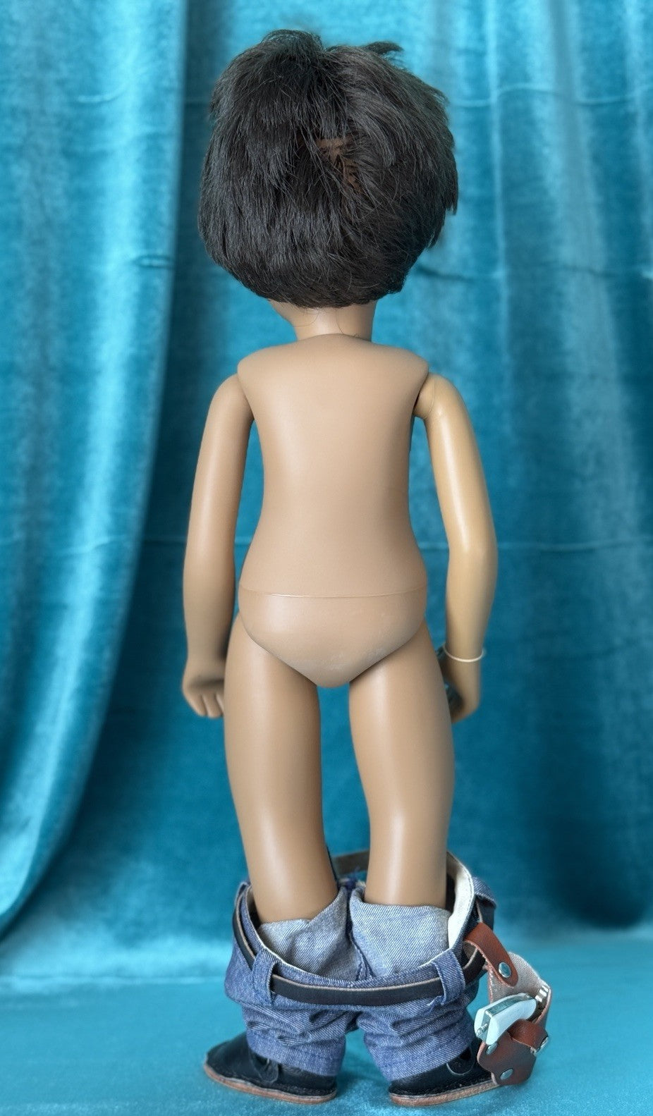 Collectible England Vinyl Brunette Boy Doll; Redressed/Denim Top