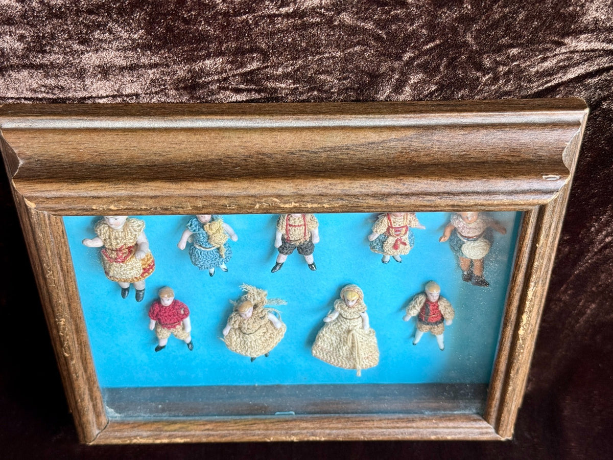 Antique Miniature Hertwig Carl Horn Dolls Framed Display 9 German Bisque Dolls