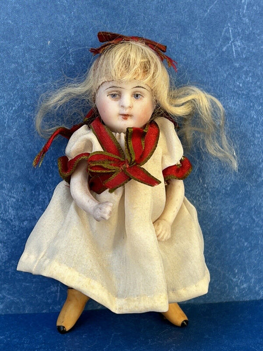 Antique German 4” All Bisque Mignonette Dollhouse Doll Swivel Head Yellow Boots