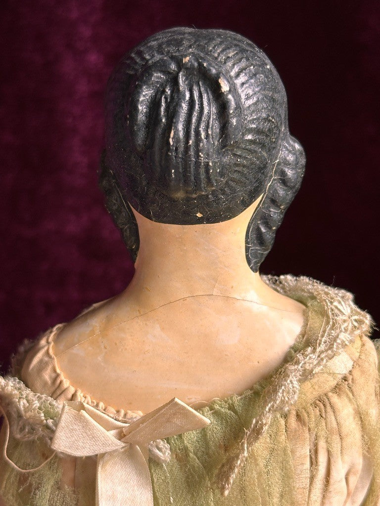 Antique German 14” Papier Mache Milliner’s Model Spaniel Ears Molded Bun Doll