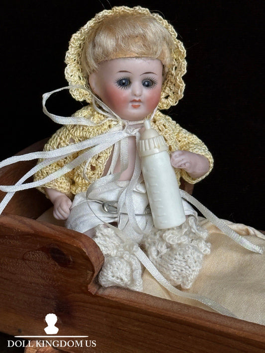 Antique German 3.75” Kestner All Bisque Baby Doll with Cradle and Bottle