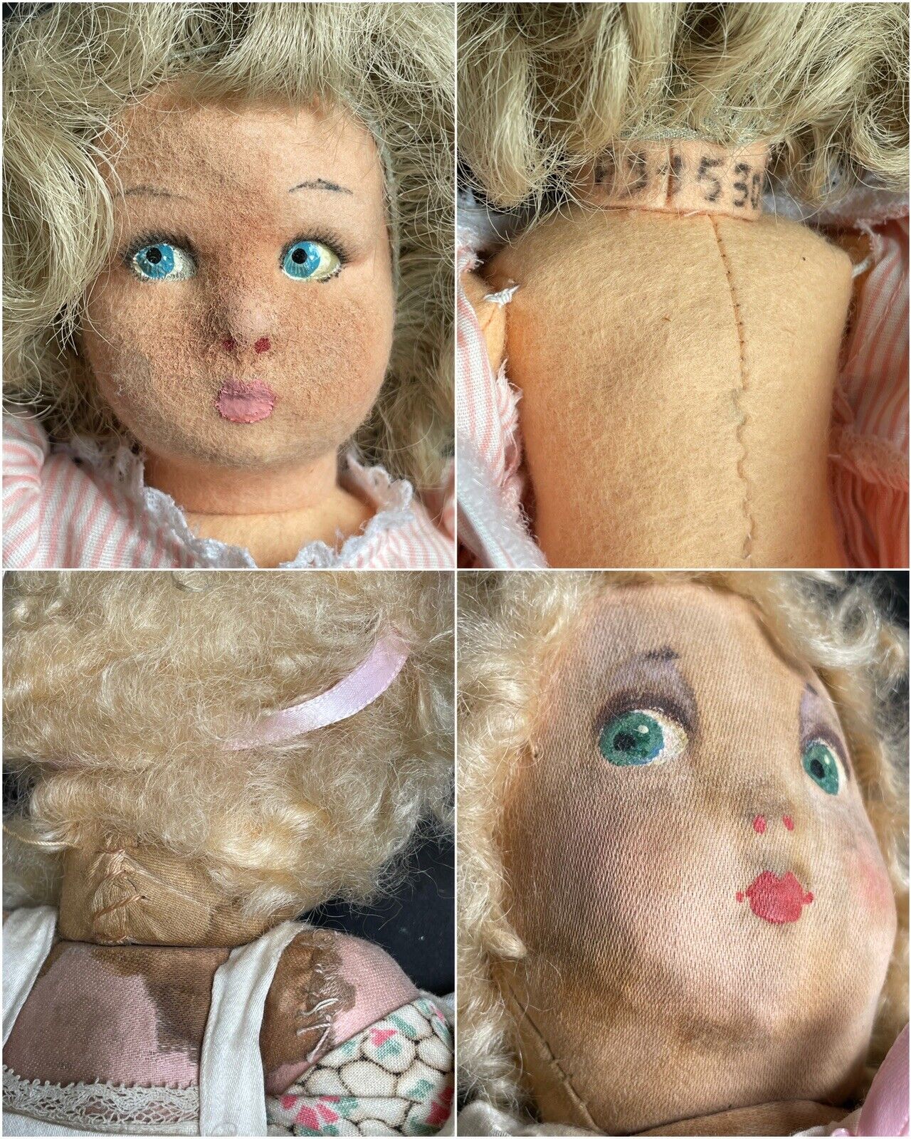 2 Vintage Cloth Dolls: Antique French Gre-Poir (?) and Handmade Felt Doll