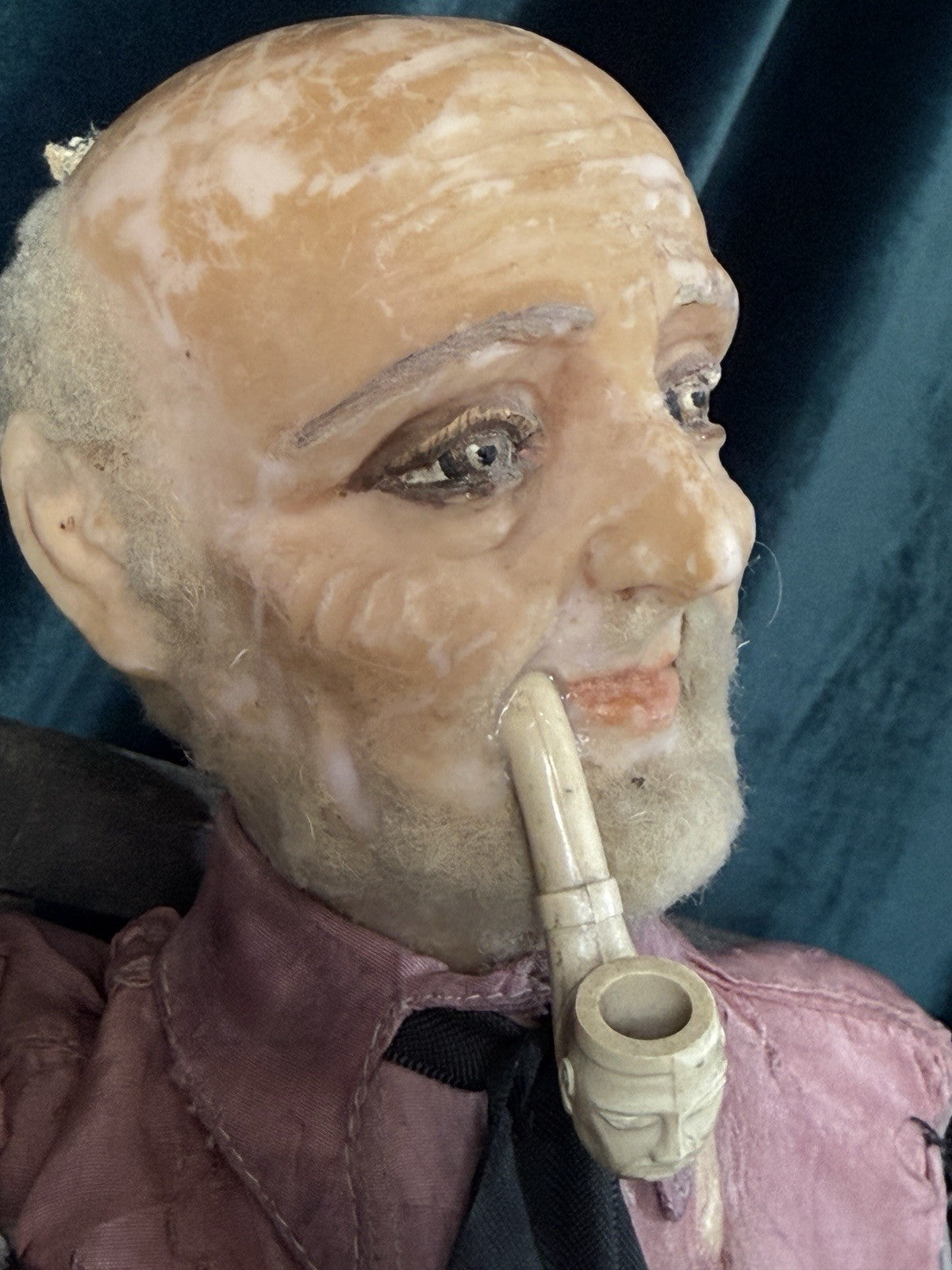 Unidentified Antique (?) Wax Doll Old Men In The Wooden Chair Smoking Pipe