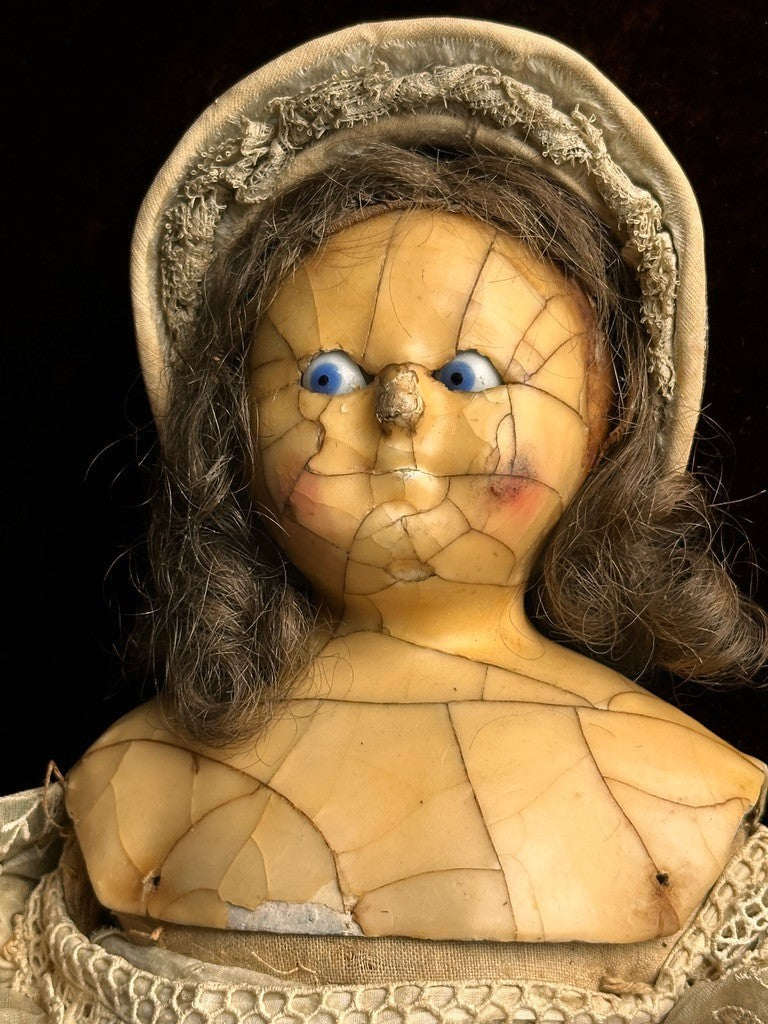 Antique English All Original Mad Alice 22” Wax Over Papier Mache Head Doll