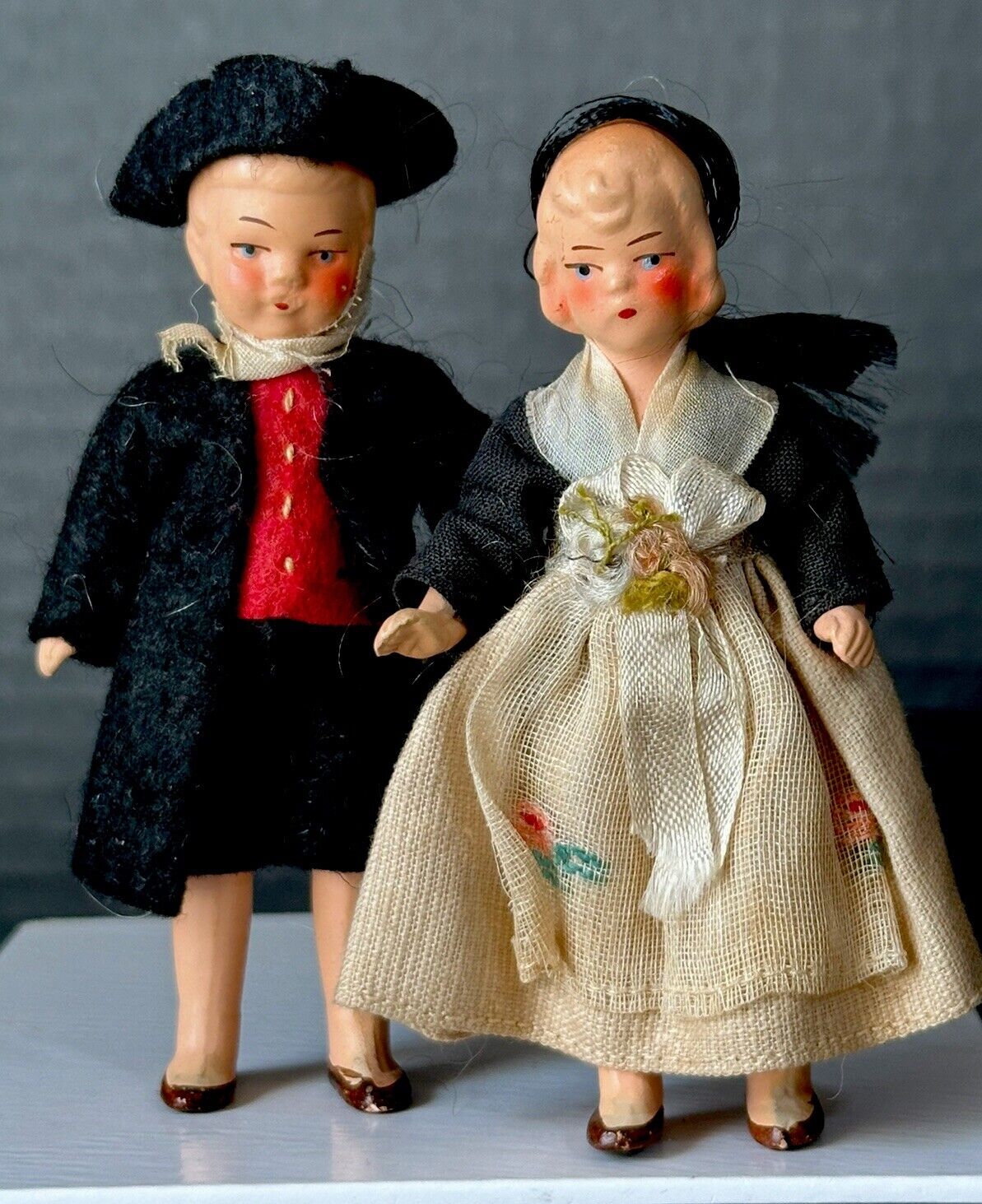 Pair of Antique German Hertwig  Miniature Dollhouse Boy and Girl 3 1/2” Dolls