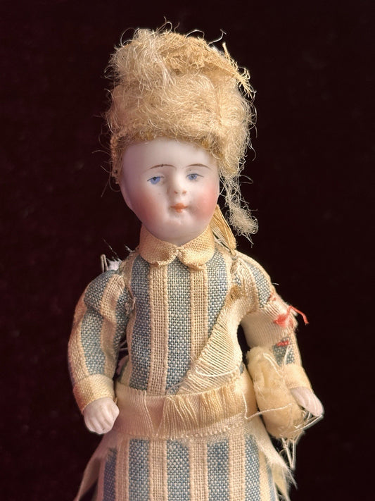 Antique German 5” Miniature Bisque Head Pincushion Dollhouse Doll
