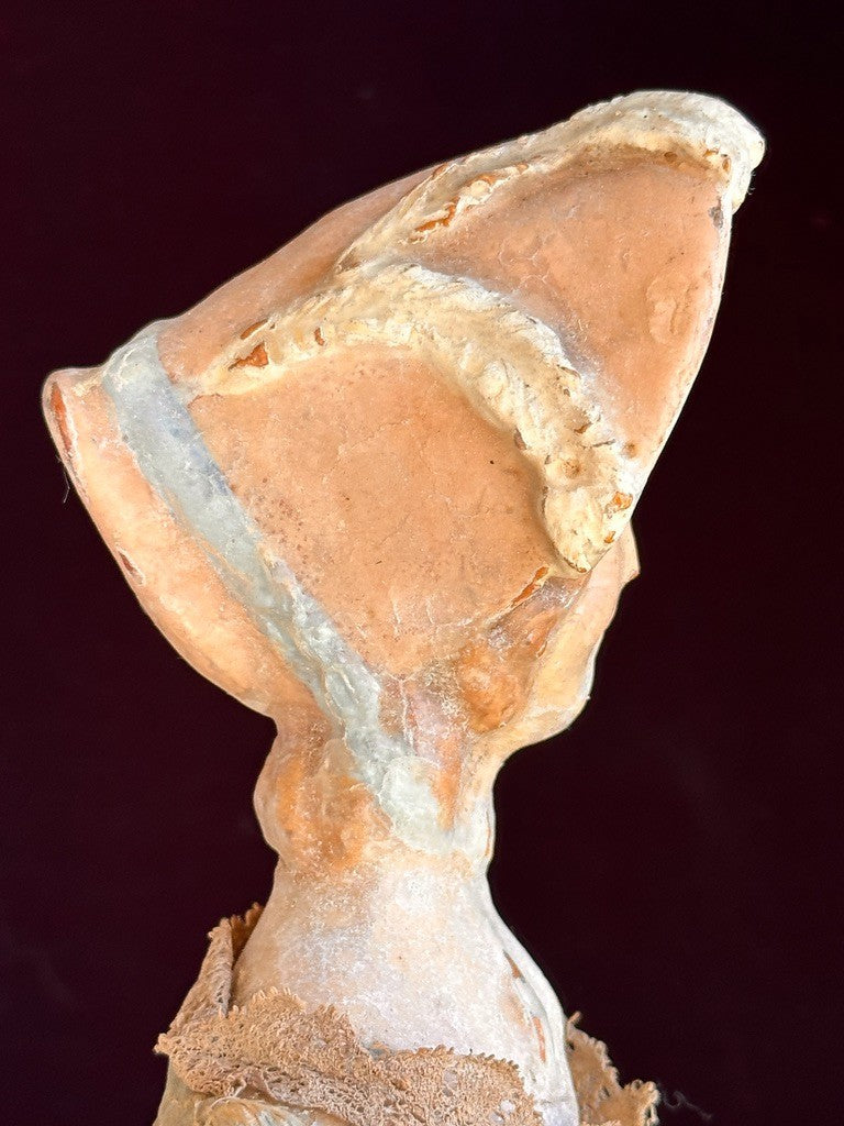 Antique German 18.75” Wax Over Papier Mache Milliner’s Model Molded Bonnet Doll