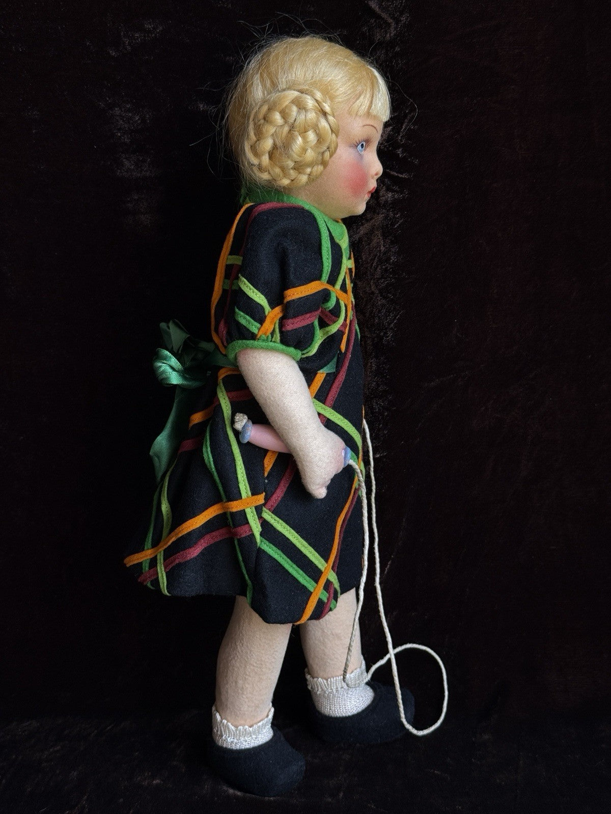 Vintage Italian 14.5” Lenci Lucy Felt Cloth Character Girl Doll with Jump Rope