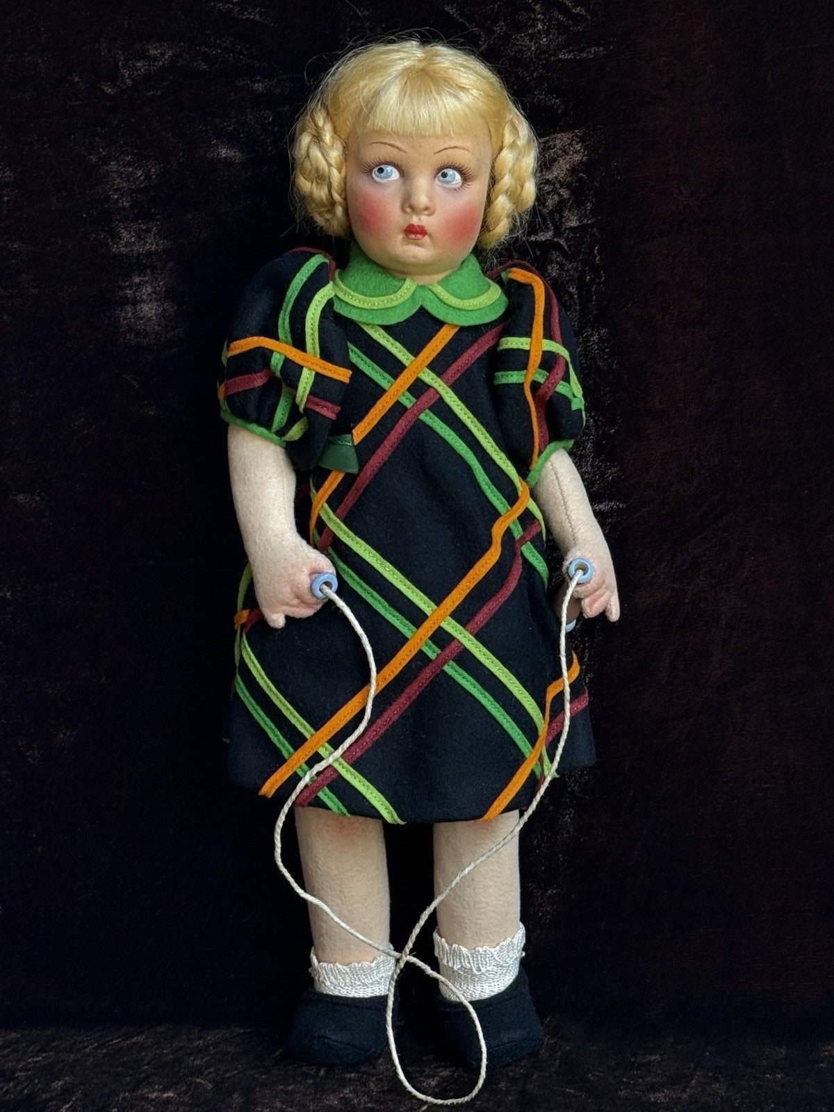 Vintage Italian 14.5” Lenci Lucy Felt Cloth Character Girl Doll with Jump Rope