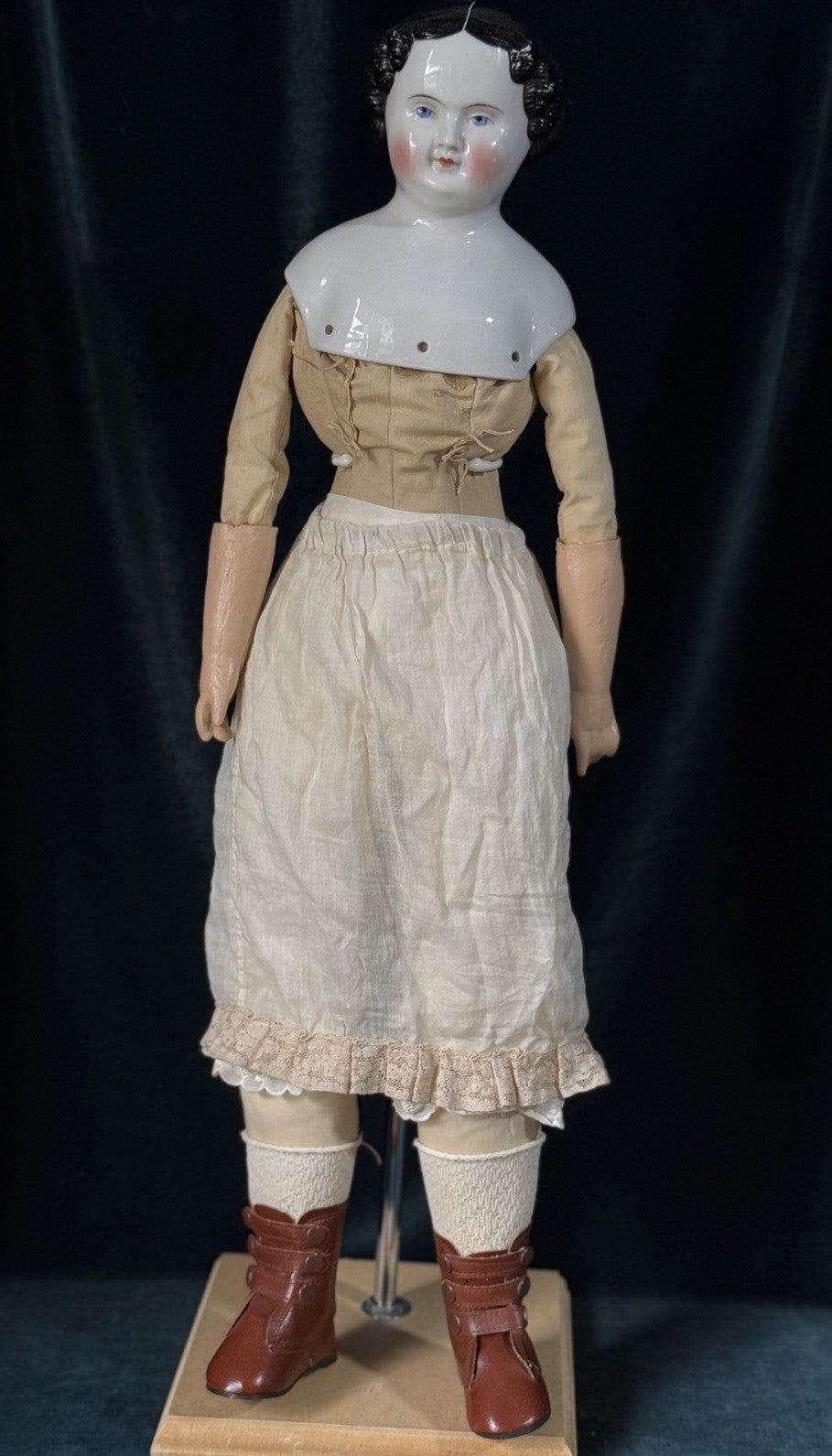 Antique German 25” Flat Top Highbrow China Shoulder Head Doll