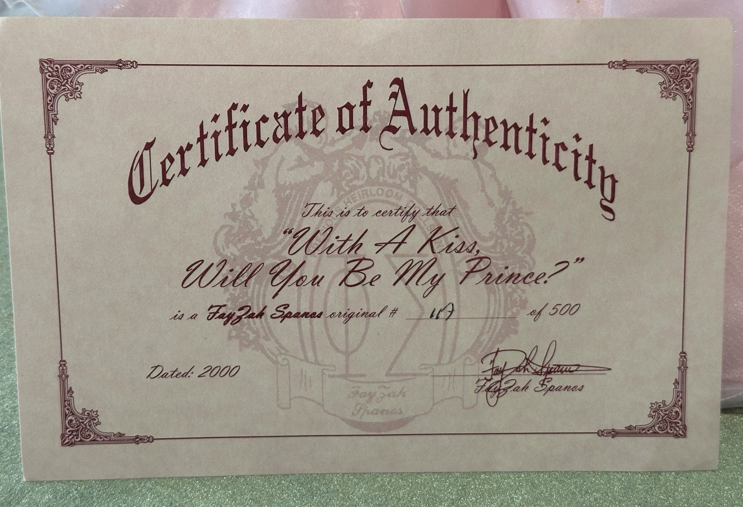 Vinyl 26” Doll “With A Kiss, Will You Be My Prince?” Fayzah Spanos Box/Tag/COA