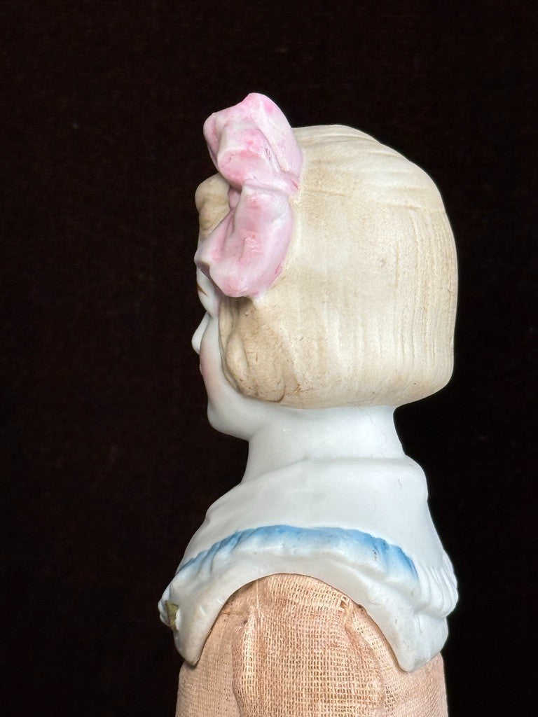 Antique German Hertwig 12” Bisque Molded Shoulder Plate and Bow Girl Doll