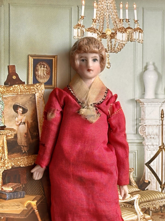 Antique German 5.25” Bisque Cloth Miniature Dollhouse Parian Female Doll