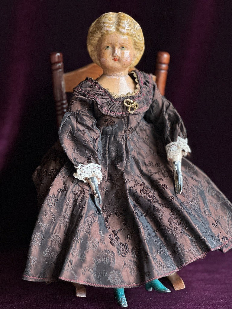 Antique American Mason & Taylor 11.5” Papier Mache Wood Metal Doll