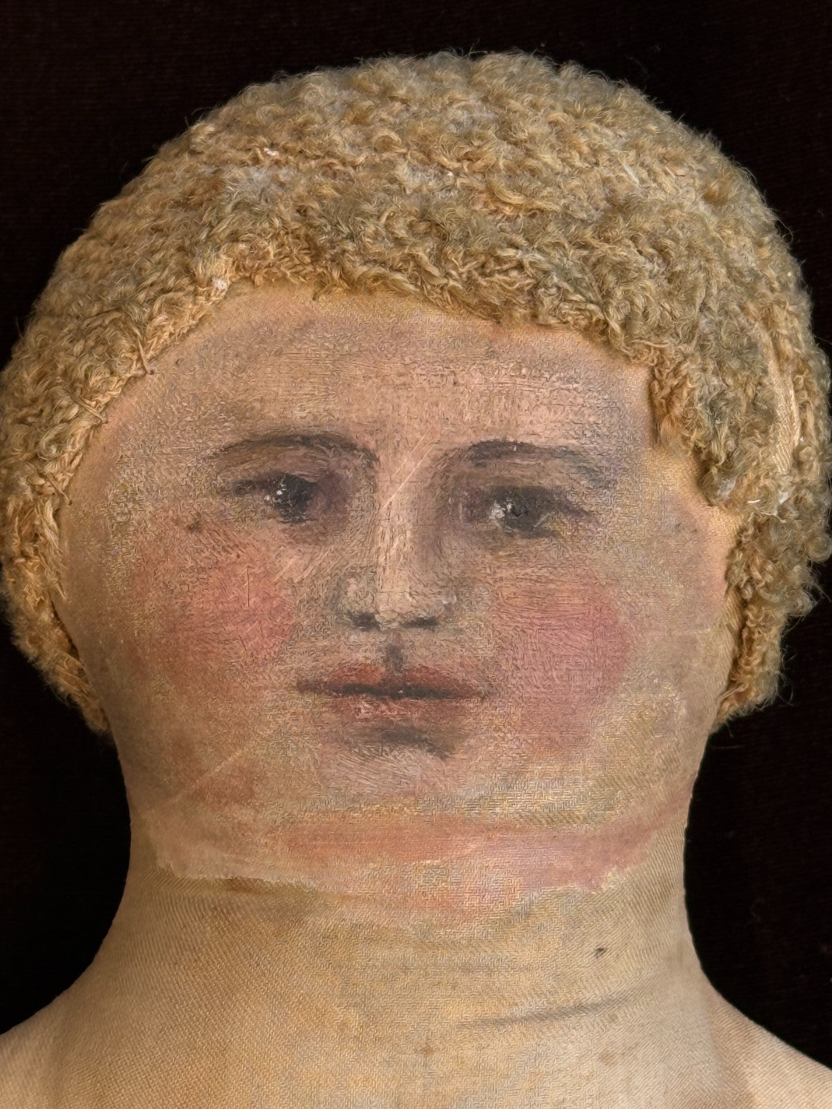 Antique American 18" Primitive Oil Painted Portrait of Boy Cloth Rug Doll