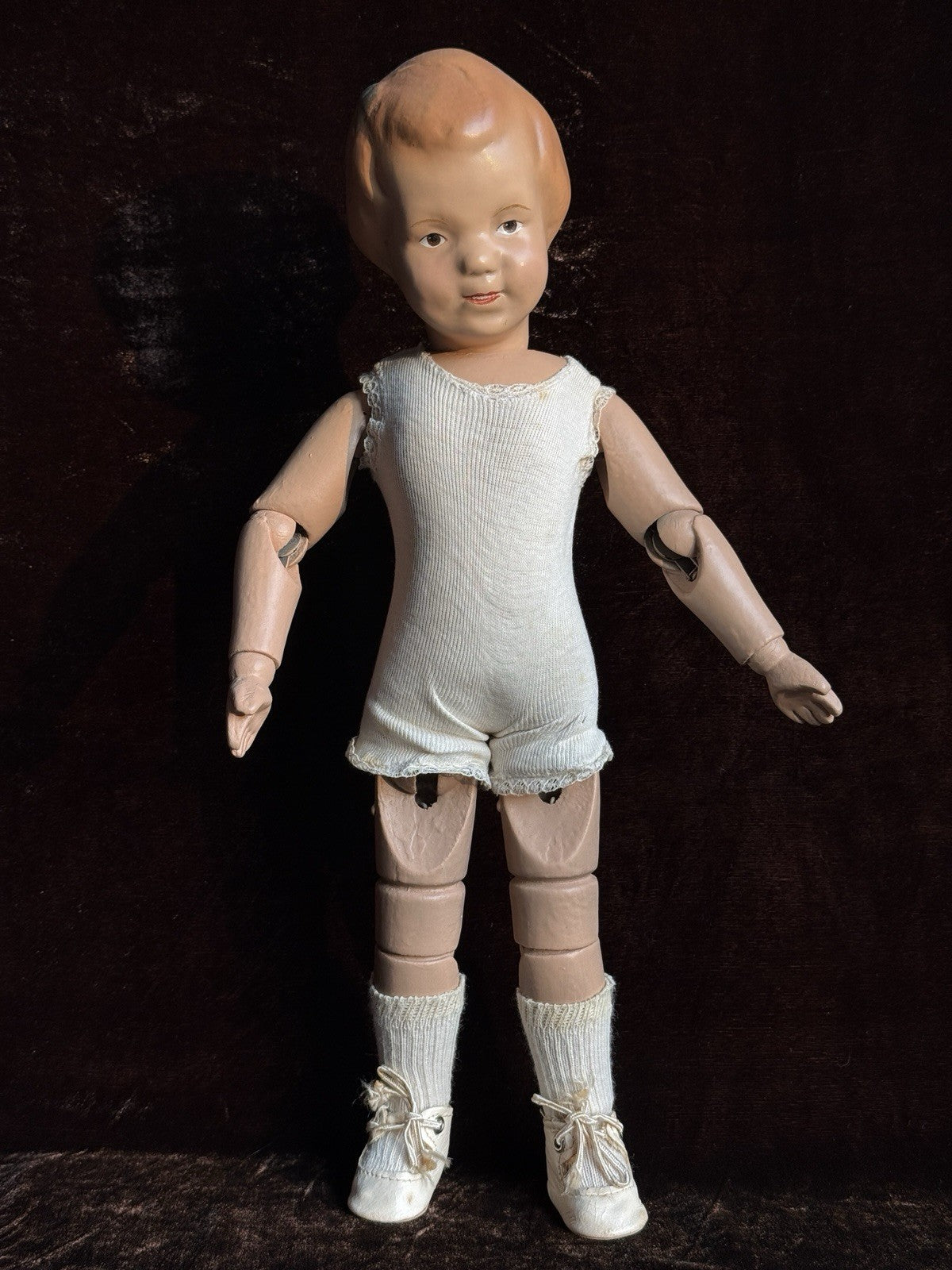 Antique American 15” Schoenhut 101 Wooden Jointed Girl Doll Molded Bow Restored