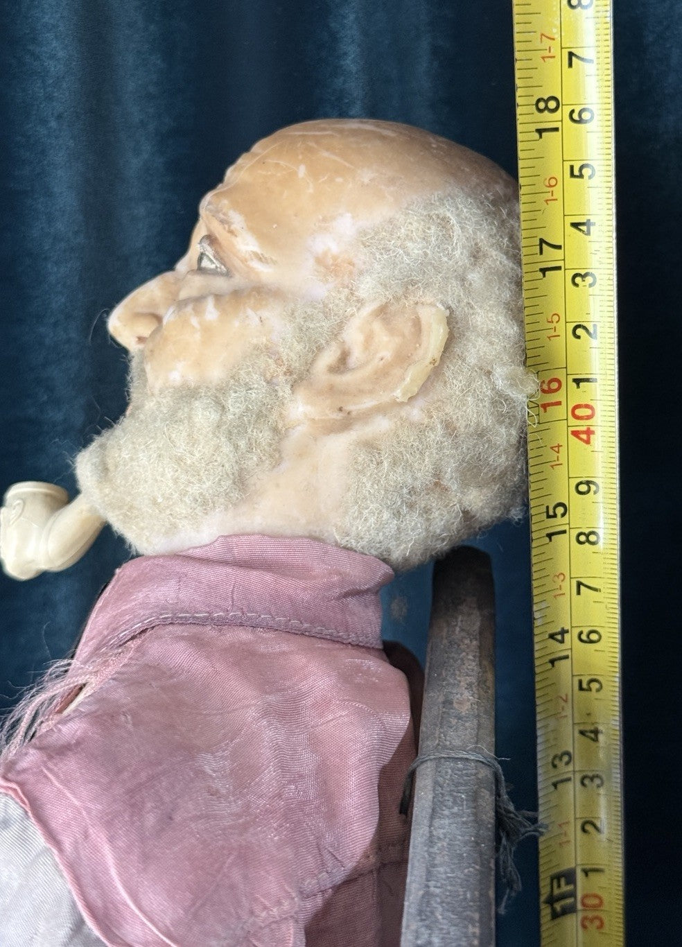 Unidentified Antique (?) Wax Doll Old Men In The Wooden Chair Smoking Pipe