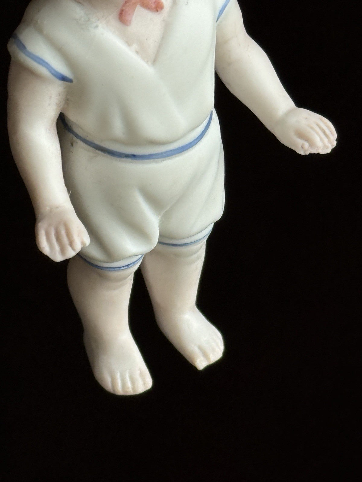 Antique German 4” Frozen Charlotte Bisque Doll With Molded Bonnet/Swim Suite
