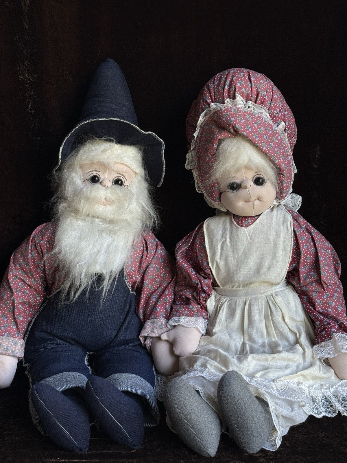 Pair of Vintage Handmade 29” Stockinette Elderly Character Grandpa Grandma Dolls