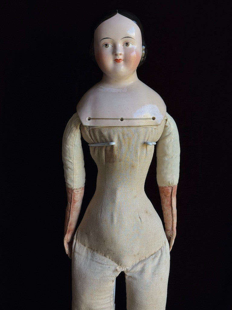 Large Antique German 25” Covered Wagon China Head Doll with Brown Eyes
