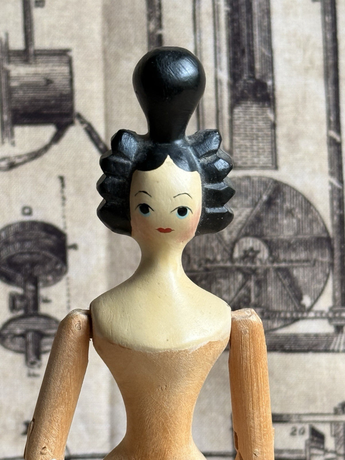 Vintage 6.5” Carved Wood Jointed Doll with Tuck Comb by Artist Sherman Smith
