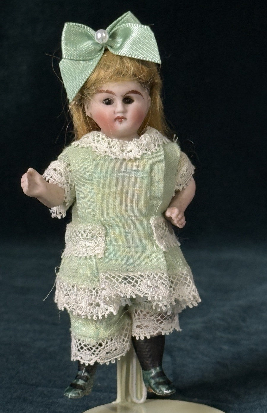 Antique German 4” All Bisque Mignonette Dollhouse Doll Unusual Green Boots