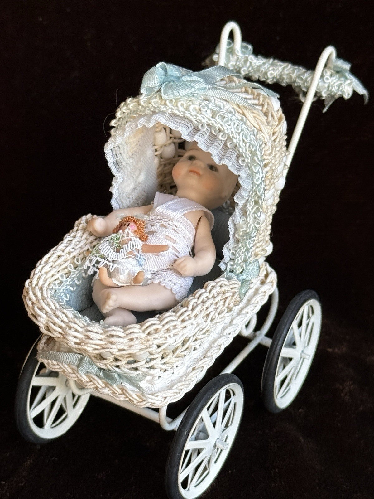 Lot of Miniature Dollhouse Buggy and Porcelain Baby Doll
