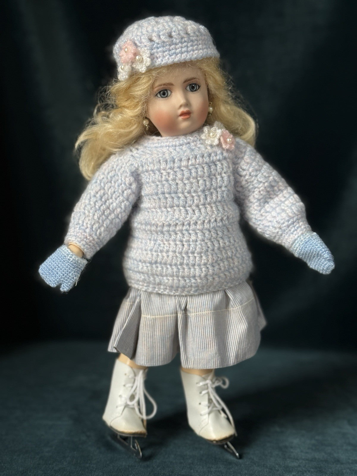 Porcelain/Composition 11” Reproduction of Antique French Bleuette Doll Skater