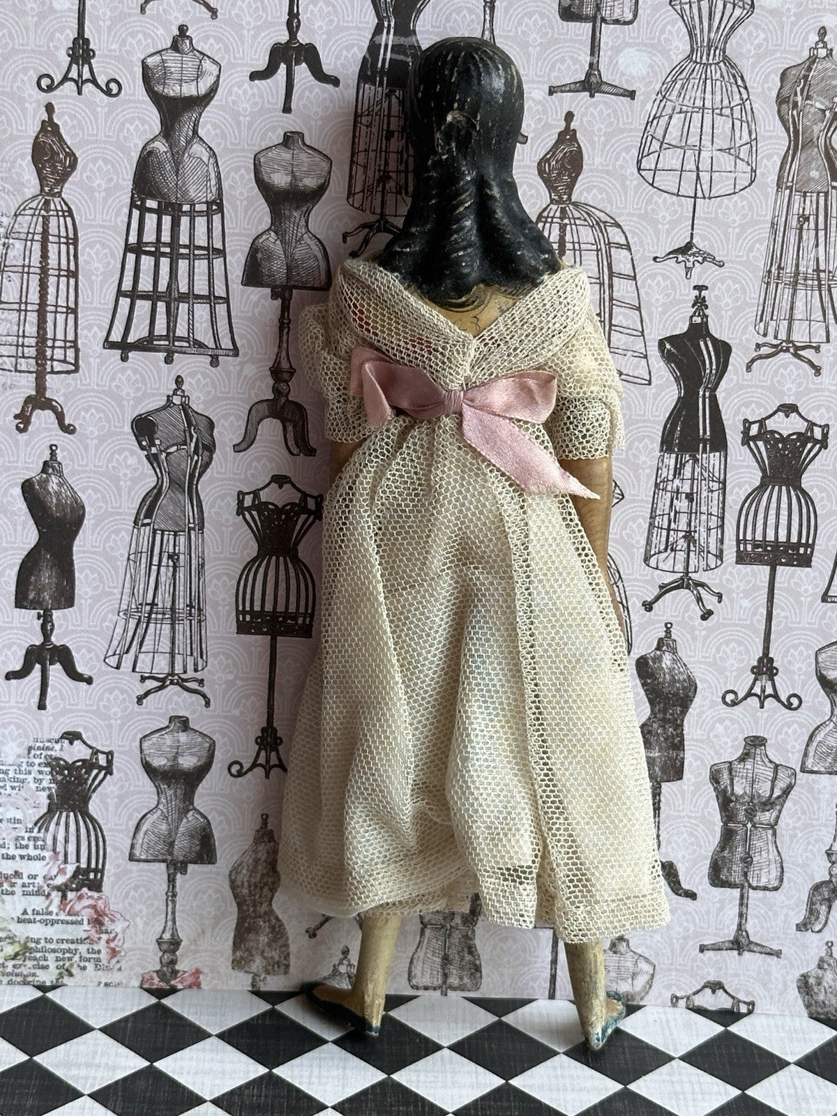 Antique German 6.75” Papier Mache Milliner’s Model Dollhouse Spilled Curls Doll