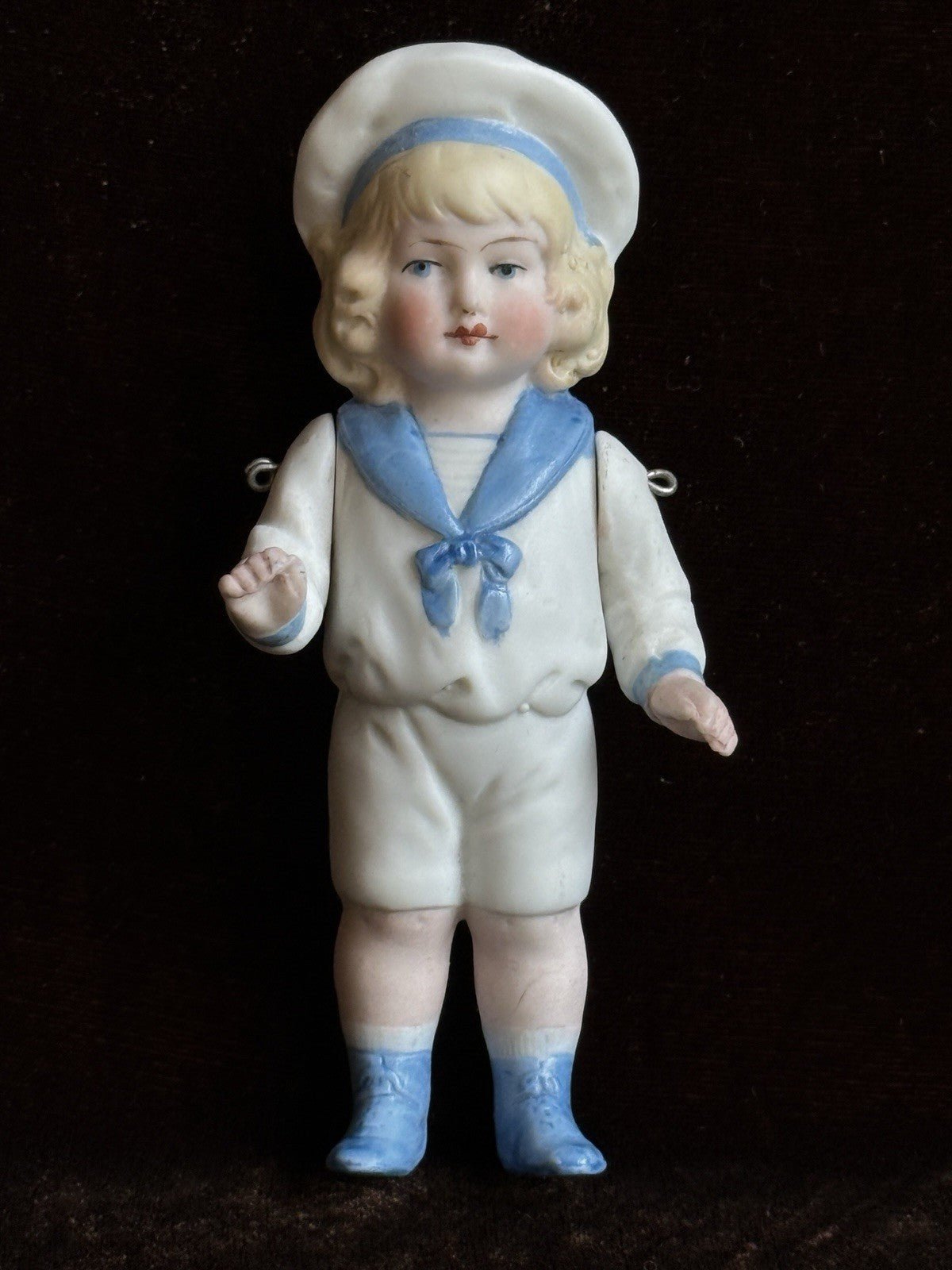 Antique German 4.25” All Bisque Miniature Dollhouse Doll Molded Sailor Outfit