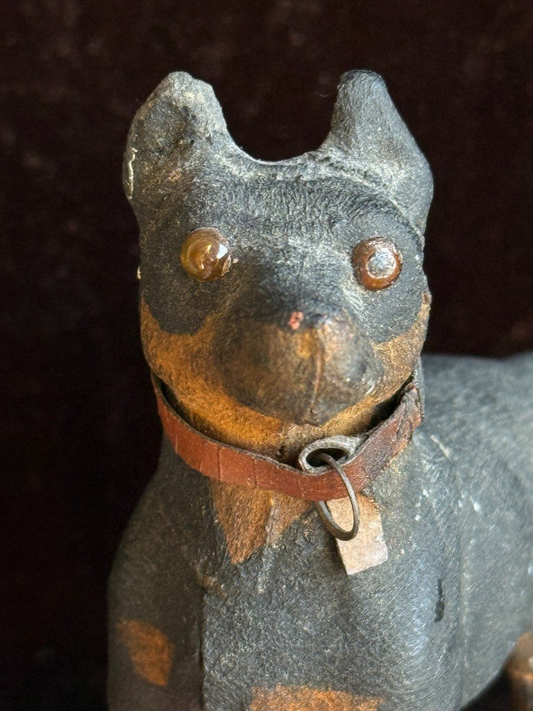 Antique German Papier-Mâché Doberman Pinscher Dog on Wheels Pull Toy