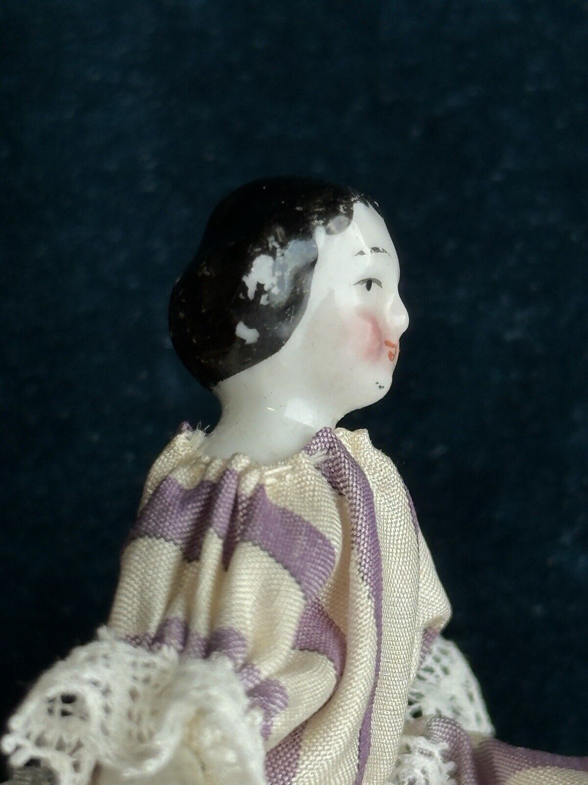 Antique German Miniature Dollhouse 4” Flat Top China Shoulder Head Lady Doll