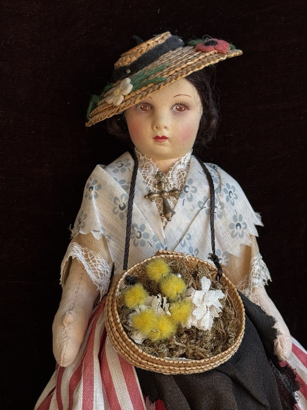 Vintage French 9” Nicette Cloth Felt Traditional Character Doll with Tag