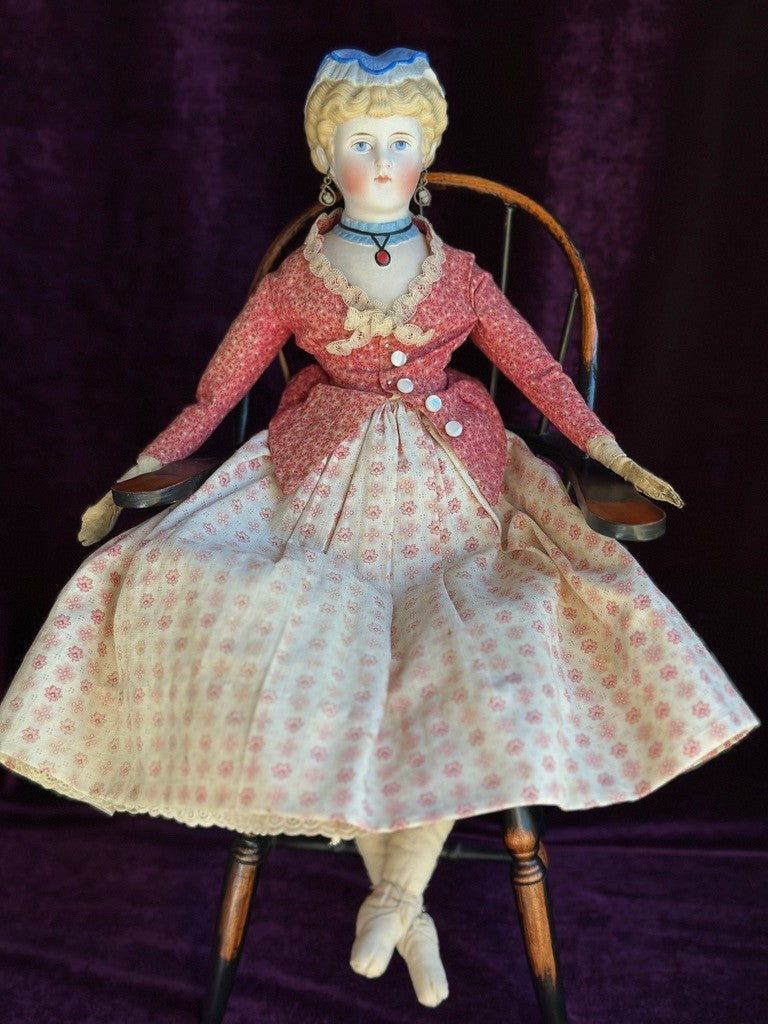 Antique German 15” Fancy Parian Bisque Head China Doll with Pierced Ears