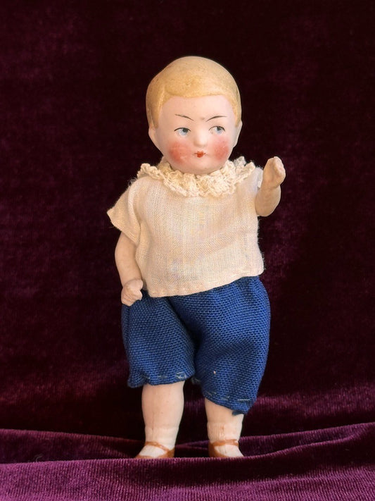 Antique German 4.375” All Bisque Boy Doll with Molded Hair