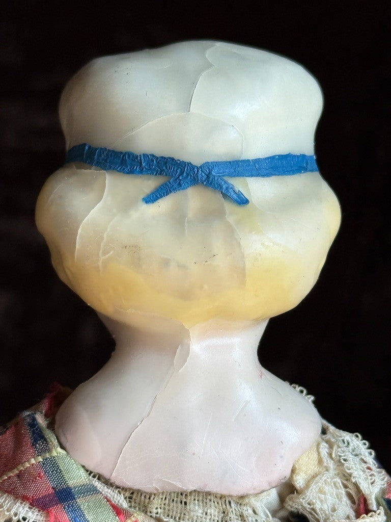 Antique German Cabinet Size 8.25” Wax Over Papier Mache Molded Hat Doll